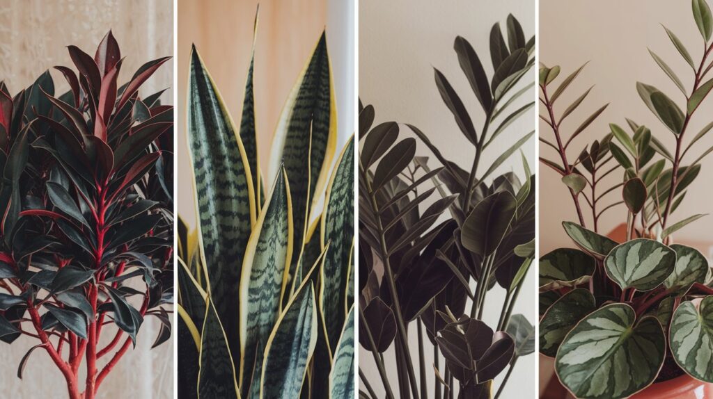 A grid of 4 photos showcasing the following plants Chinese evergreen, snake plant, zz plant, and Peperomia