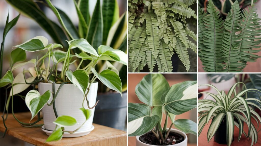 A grid of 4 photos showcasing the following plants pothos, ferns, Philodendron, and spider plants.