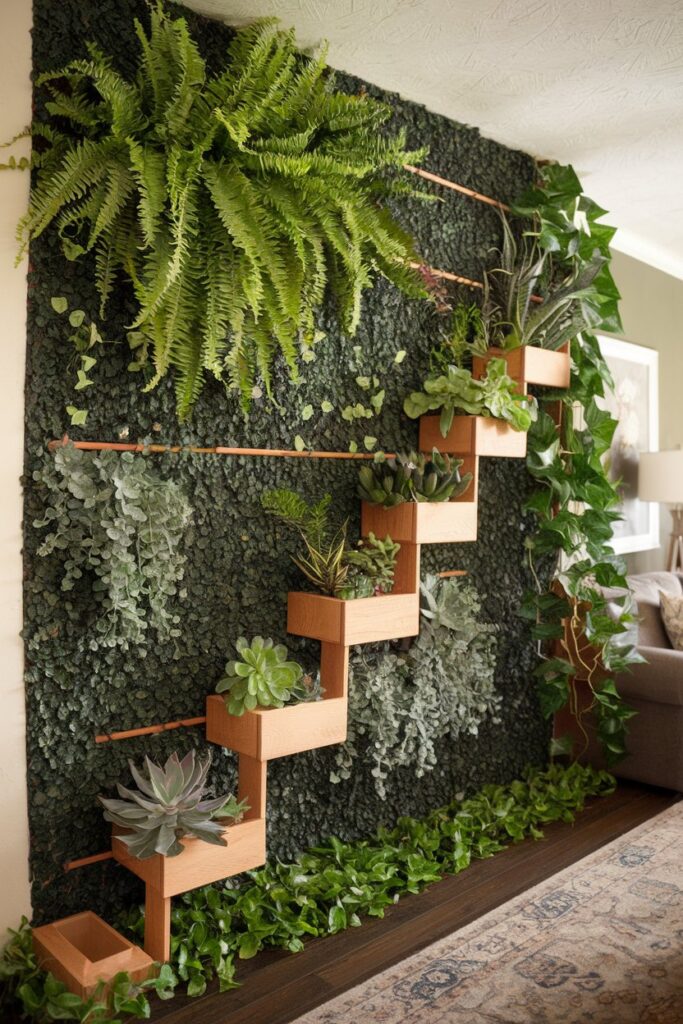 Living Room with floating shelves on a living wall garden