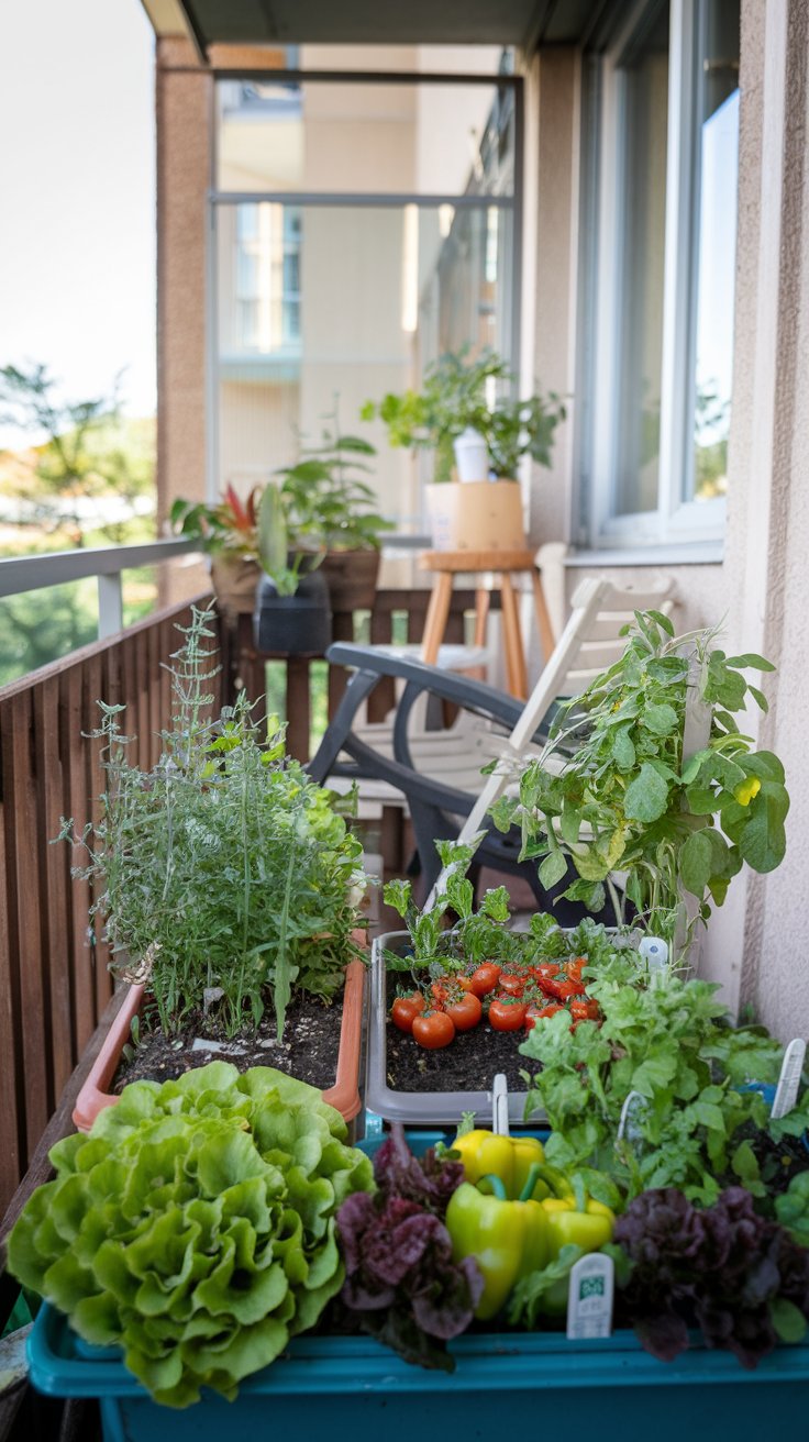 Herbs, Tomatoes, and Leafy Greens growing on a Balcony Garden