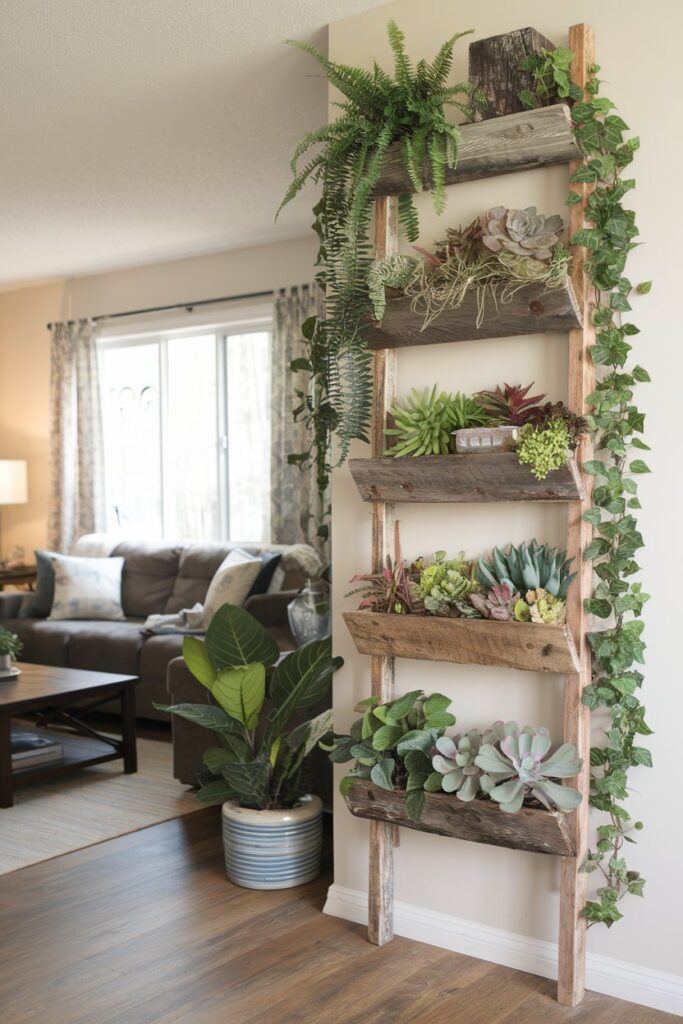 A photo of a living room with a vertical garden made of a rustic wooden ladder with multiple shelves.