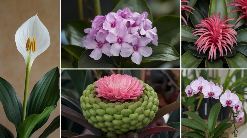 A grid of photos showcasing a Peace lily, African violet, Bromeliads, and orchids