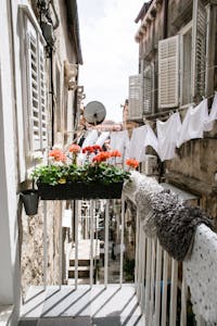 Balcony with fabrics and bright blossoming flowers in pot on fence between buildings on sunny day