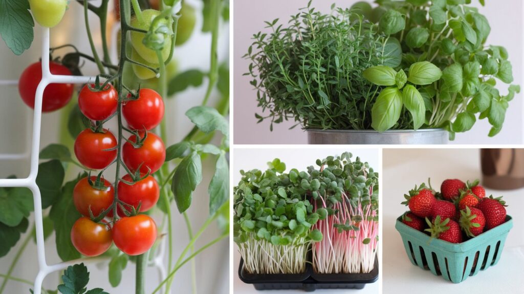 cherry tomatoes, herbs, microgreens, and strawberries perfect for a vertical garden