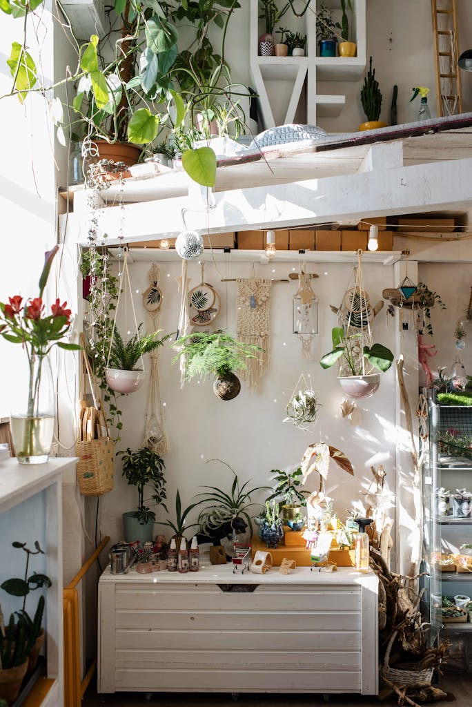 Interior of modern stylish room with hanging and potted plants to make an indoor living wall garden.